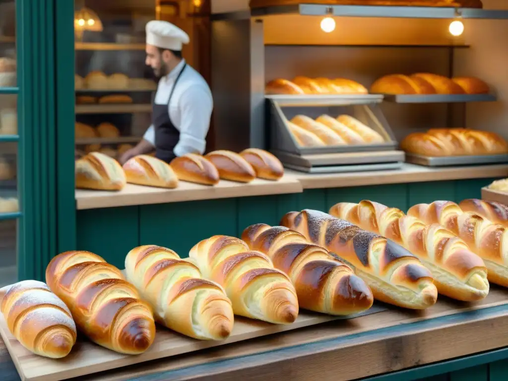 Un panadero francés experto moldeando baguettes doradas en una panadería parisina, con ambiente acogedor y tradicional