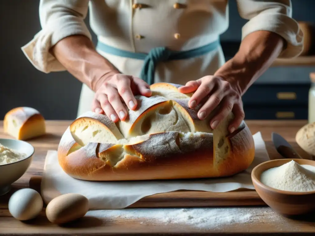 Un panadero francés experto moldea con destreza una hogaza de masa madre, mostrando la fermentación en la cocina francesa