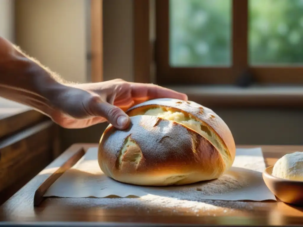 Un panadero francés experto amasando masa con precisión, en una cocina con luz natural