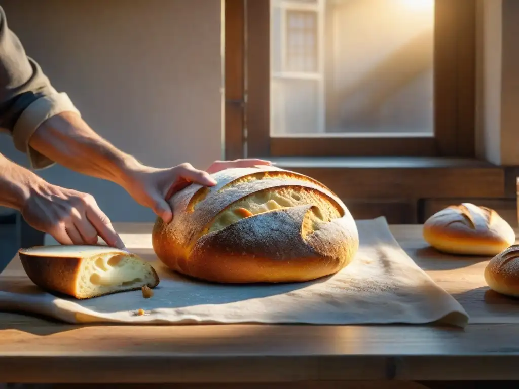 Un panadero francés experto en fermentación moldea pan de masa madre al amanecer en una panadería tradicional