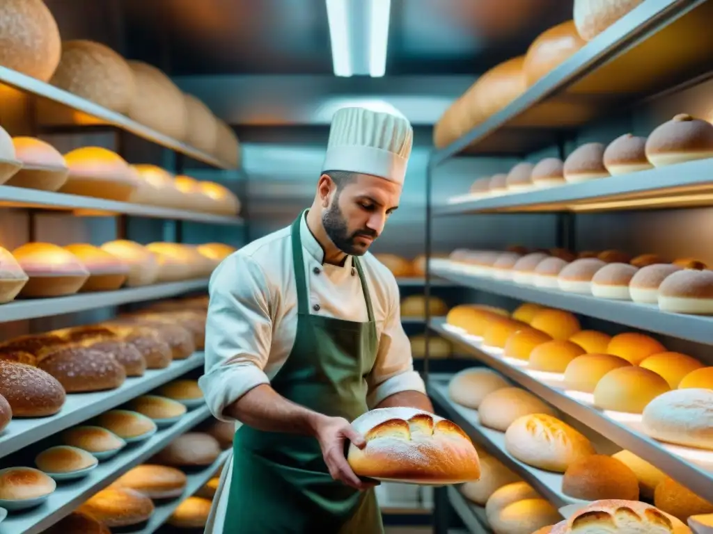 Un panadero francés experto moldea un pan de masa madre en una panadería tradicional, rodeado de delicias fermentadas