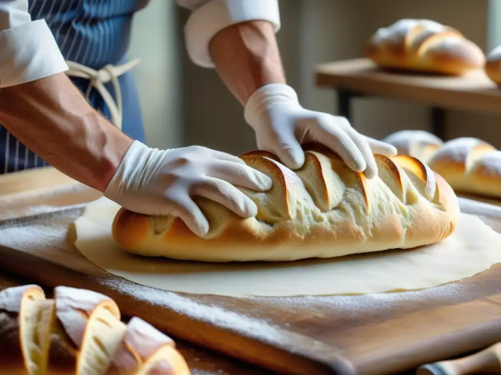 Un panadero francés experto en prácticas sostenibles de fermentación tradicional francesa moldea la masa de baguettes en una panadería parisina