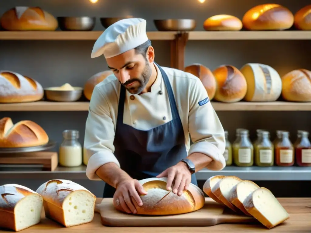 Un panadero francés moldeando expertamente una hogaza de masa madre, rodeado de pan recién horneado, quesos y vino