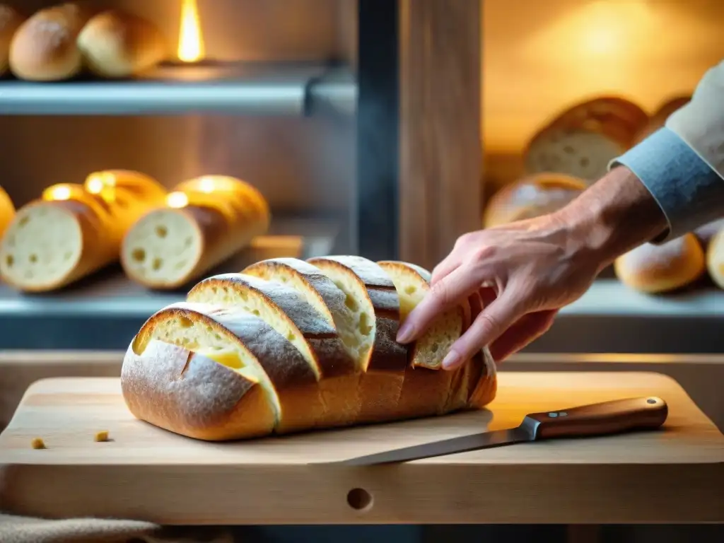 Un panadero francés en una panadería tradicional corta expertamente pan viejo para croutons dorados, evocando nostalgia y artesanía