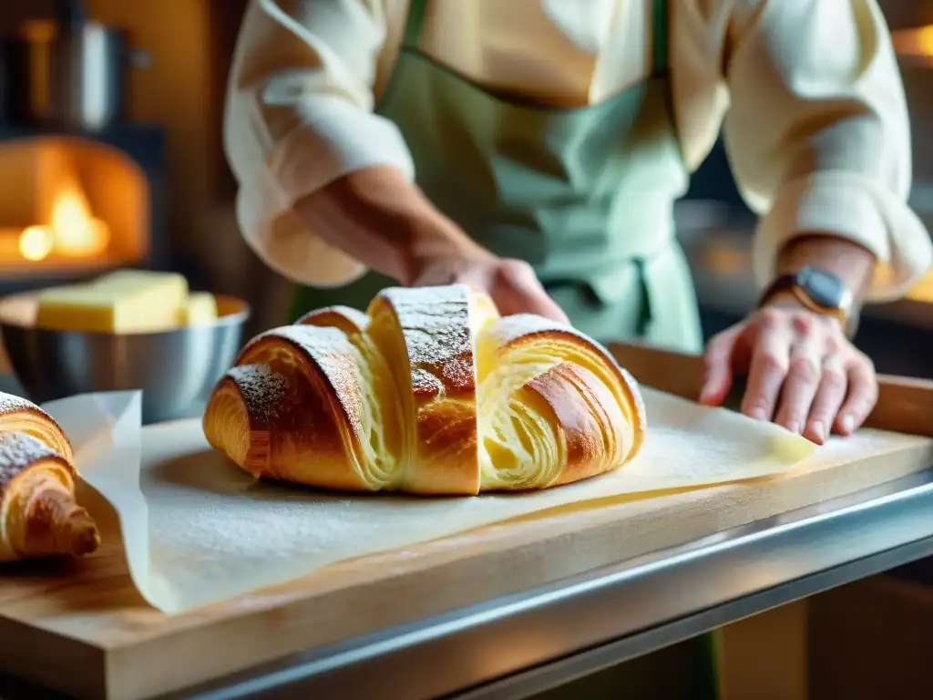 Arte francés en la panadería: capas de mantequilla en masa delicada Un panadero francés crea una receta tradicional en una panadería vintage