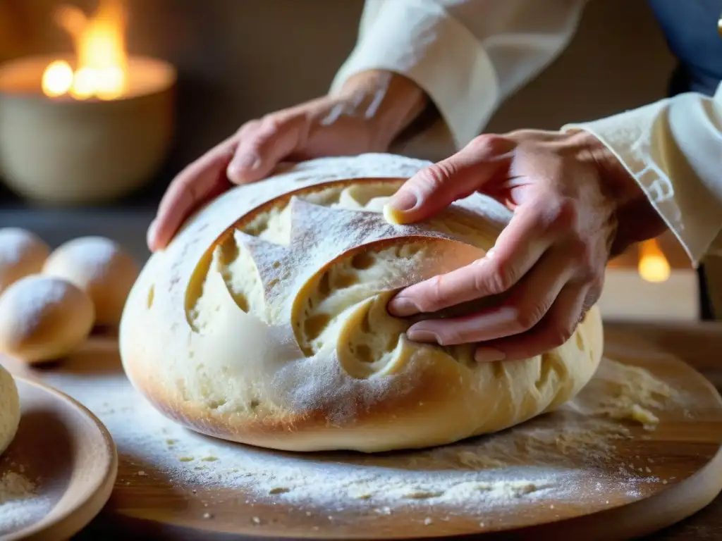 Un panadero francés practica sostenible fermentación tradición francesa al moldear masa de pan de masa madre con destreza, en ambiente luminoso