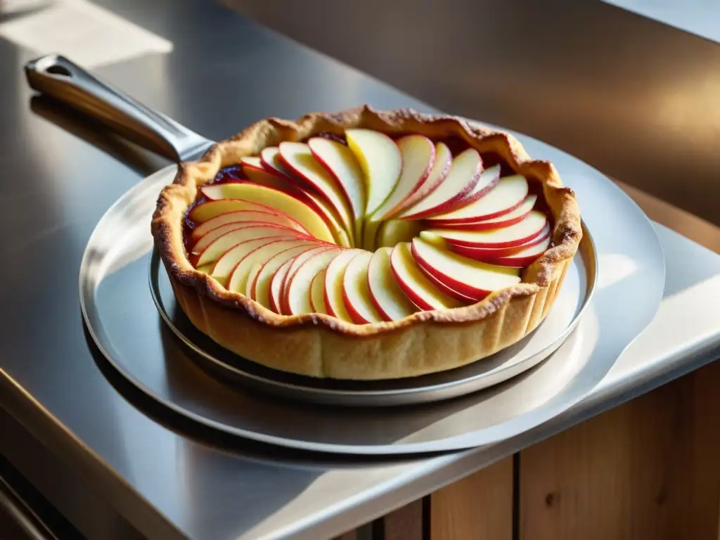 Maestro repostero francés preparando Tarte Tatin con precisión Un panadero francés elaborando una Tarte Tatin con precisión y cuidado, en una cocina rústica iluminada por luz natural