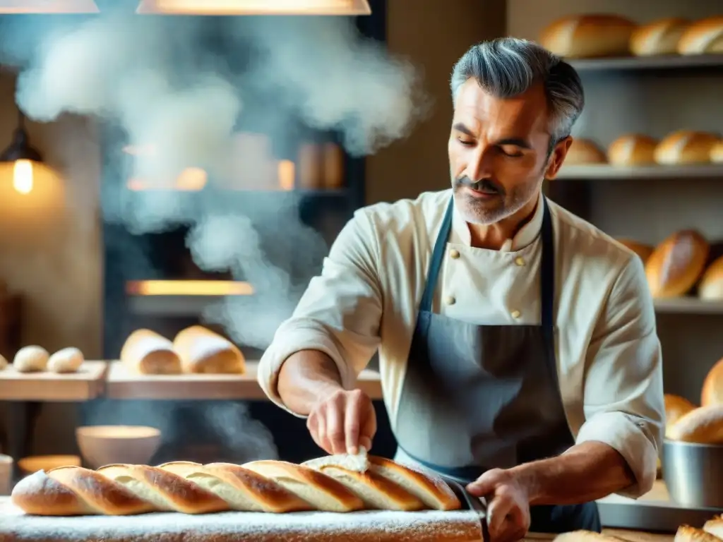 Un panadero francés tradicional moldea una baguette perfecta en una panadería pintoresca con herramientas vintage, luz solar y harina en el aire