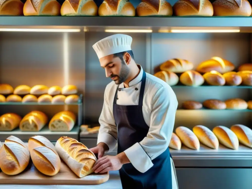 Un panadero francés tradicional marca una baguette recién horneada, destacando la importancia del pan en Francia