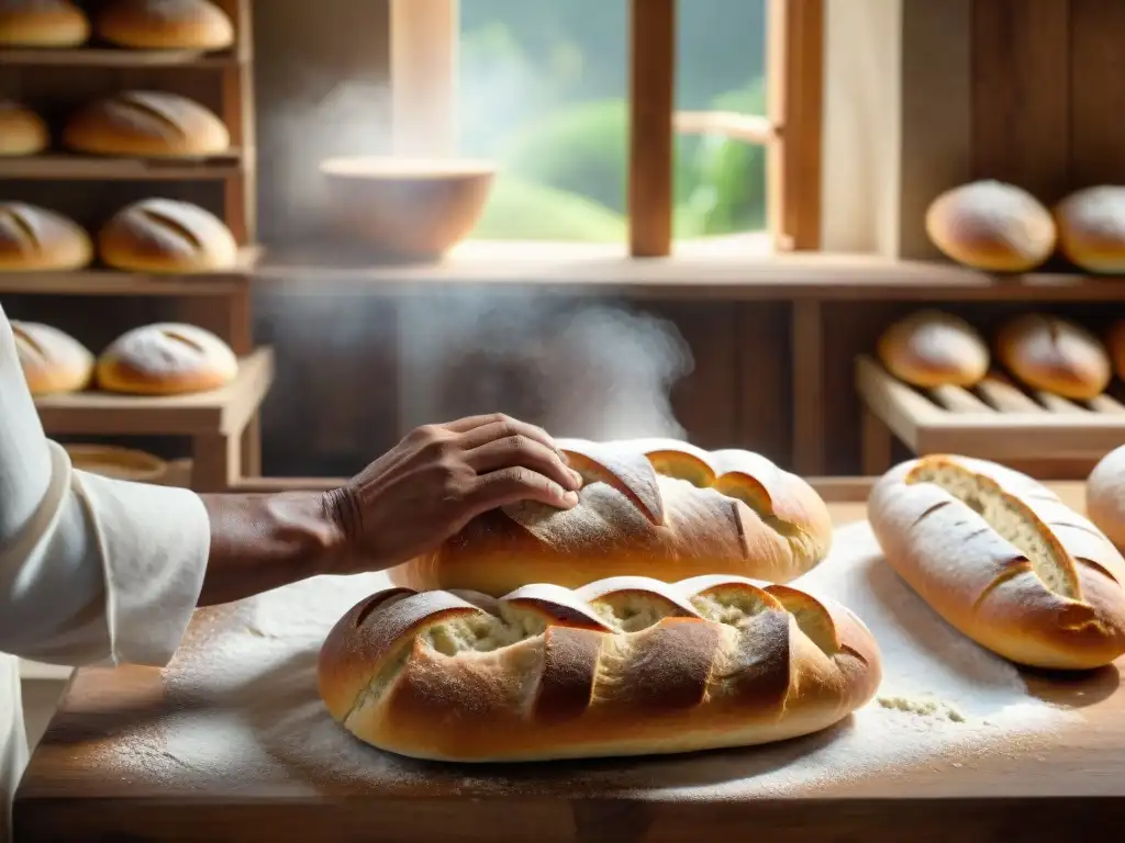 Un panadero martiniqués dando forma a la masa para baguettes francesas en una panadería tradicional en Martinica