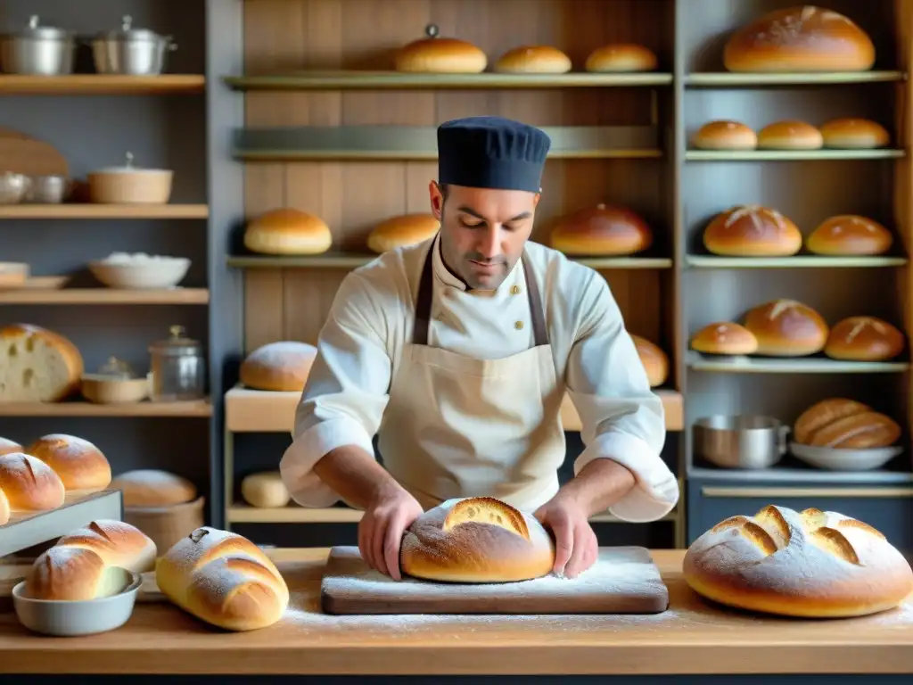 Un panadero moldeando un pan rústico en una bulliciosa cocina de panadería francesa