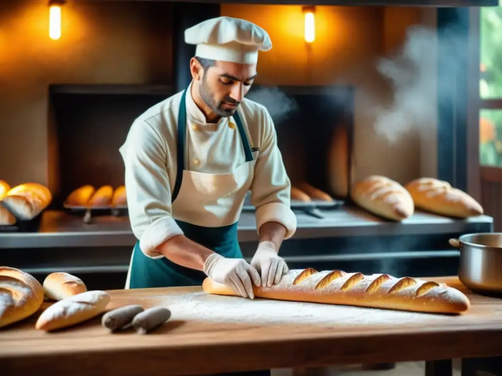 Un panadero profesional moldeando con destreza una baguette francesa tradicional en un entorno cálido y acogedor