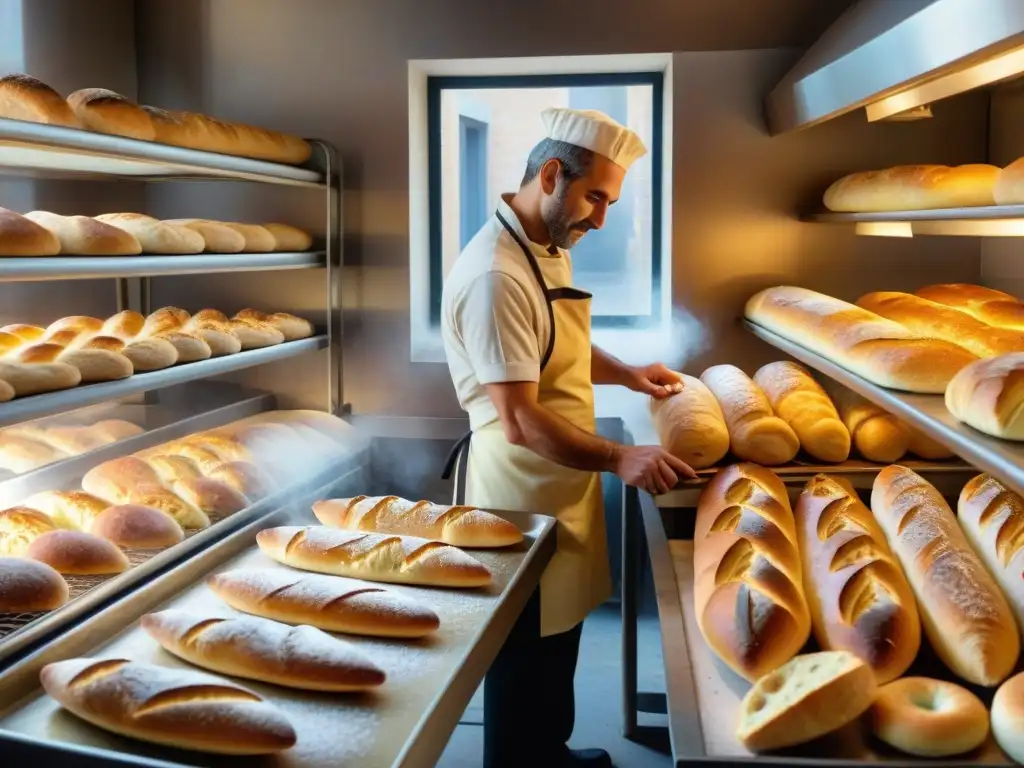 Dos panaderos, uno francés y otro italiano, trabajan juntos en una panadería tradicional rodeados de pan recién horneado