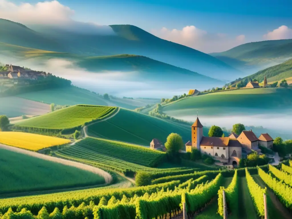 Panorámica detallada de la campiña de Alsacia, Francia, con viñedos y una cervecería tradicional entre la vegetación