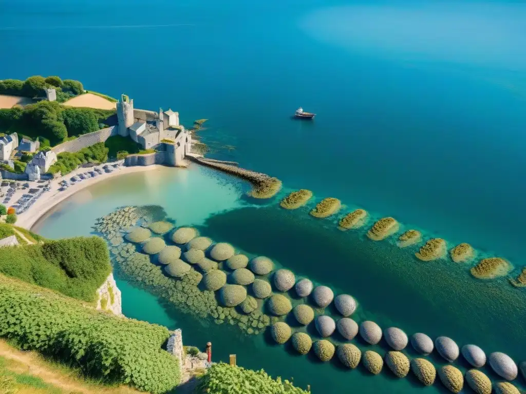 Un paraíso de ostras en la costa de Cancale, Bretaña, mostrando la rica gastronomía francesa y la artesanía local