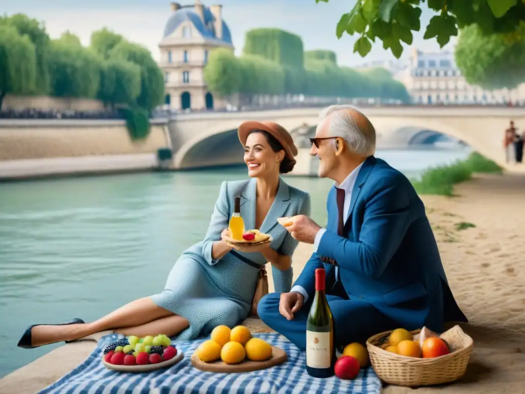 Una pareja de ancianos franceses disfrutando de un picnic a orillas del río Sena en París, representando la dieta francesa vida saludable