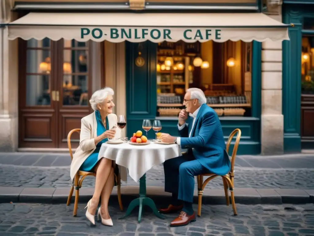 Una pareja de ancianos franceses disfrutando de la vida en un café al aire libre en París, con la dieta francesa y la longevidad como protagonistas