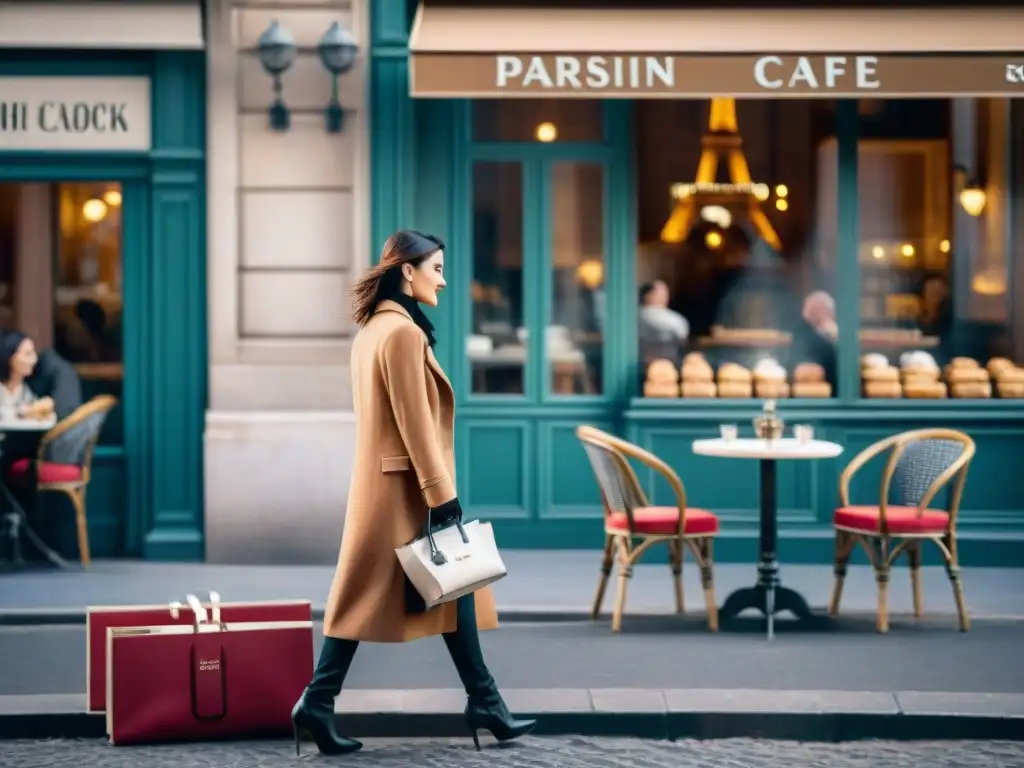 Escena chic de café parisino con moda y gastronomía francesa en elegante ambiente parisino con la Torre Eiffel de fondo