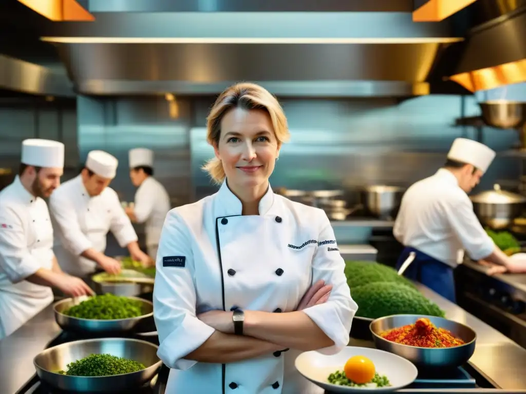 Chef Hélène Darroze liderando cocina estrellada Hélène Darroze dirige con pasión su cocina estrellada Michelin, rodeada de chefs en un bullicioso escenario gastronómico francés