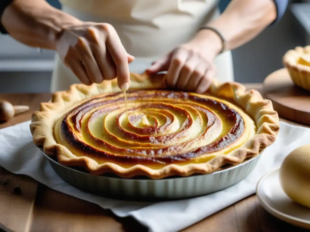 El paso a paso de la receta tradicional quiche francesa: chef preparando la masa, relleno y horneado del delicioso platillo casero