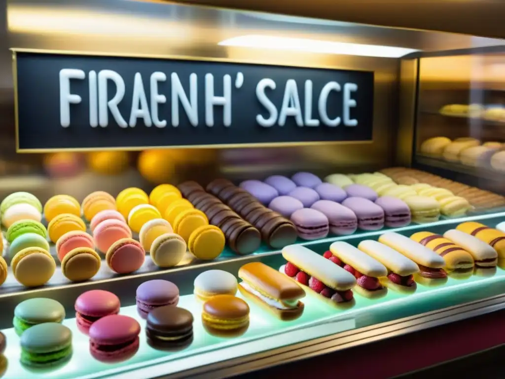 Pastelería francesa: arte y ciencia en una bulliciosa tienda parisina, con un chef creando macarons y exquisitos postres coloridos