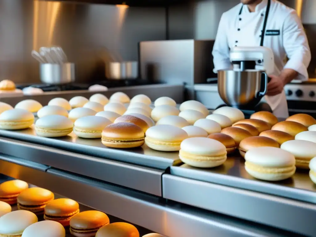 Una pastelería francesa bulliciosa con electrodomésticos modernos, chefs expertos y delicias coloridas