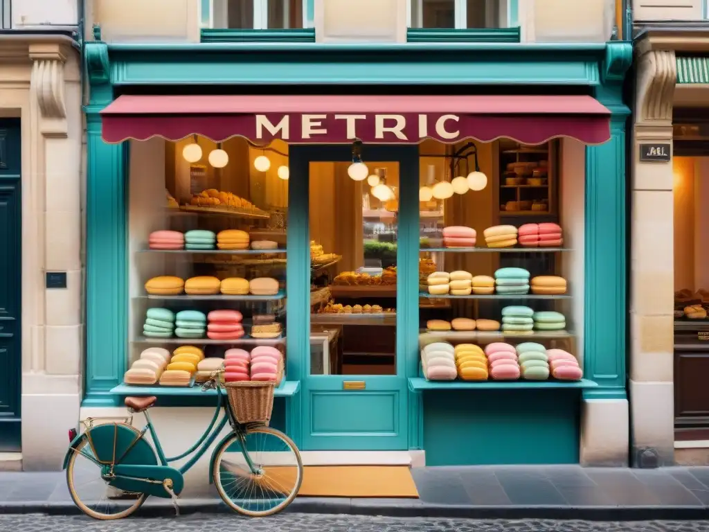 Una pastelería francesa tradicional llena de deliciosos postres franceses tradicionales en una calle empedrada de París