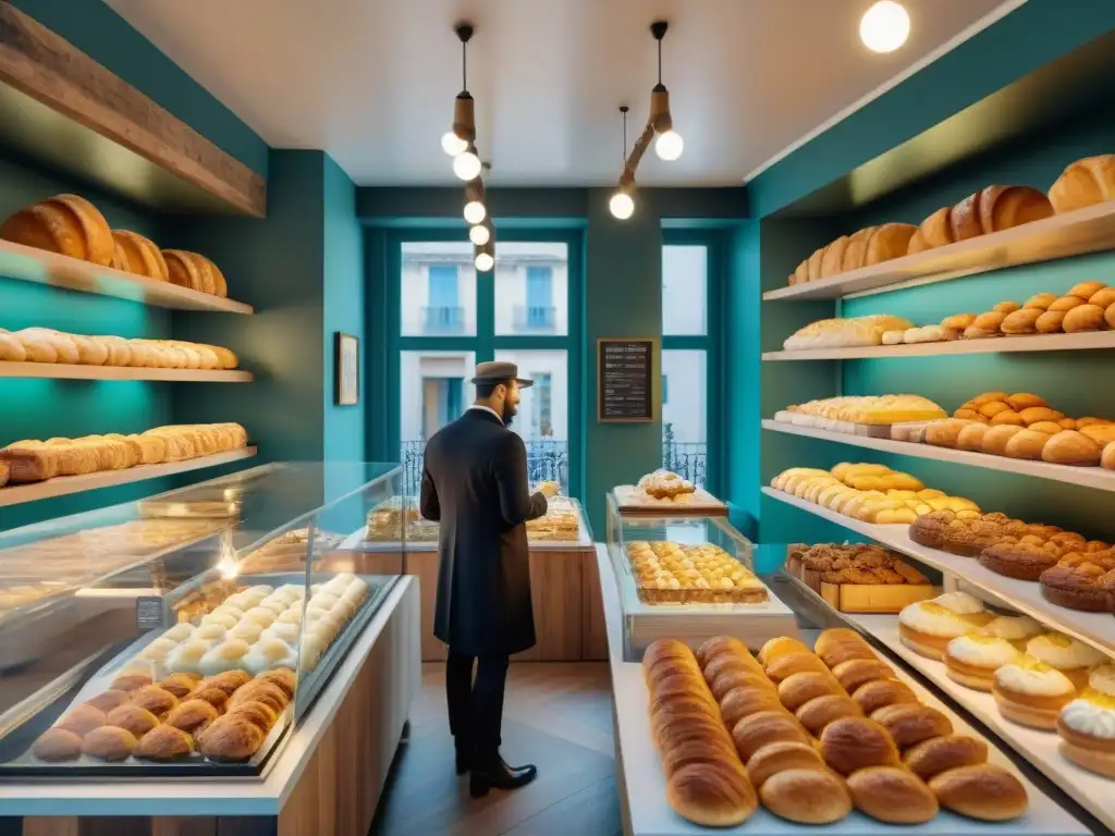 Una pastelería francesa vegana innovadora rebosante de coloridos postres, clientes diversos y una tarta de boda vegana