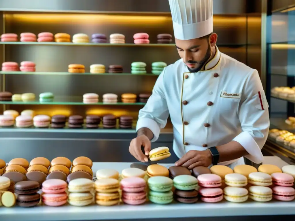 En una pastelería parisina, un chef crea con precisión una torre de macarons