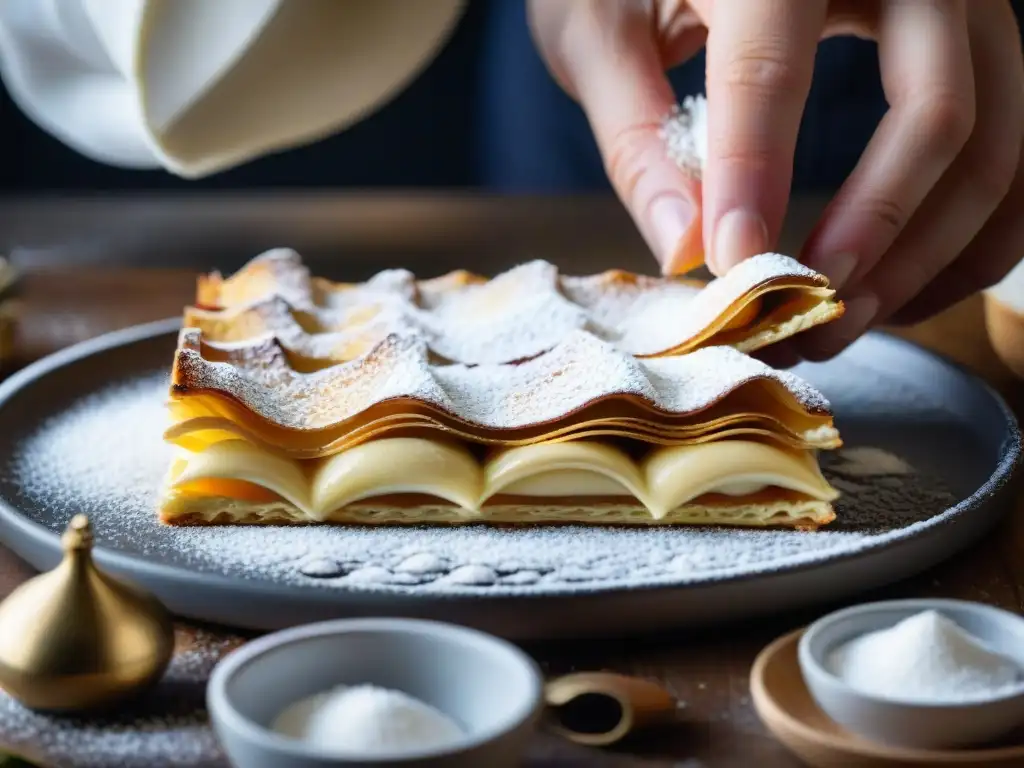 Un pastelero experto crea con delicadeza un exquisito milhojas, fusionando técnicas culinarias italianas y francesas