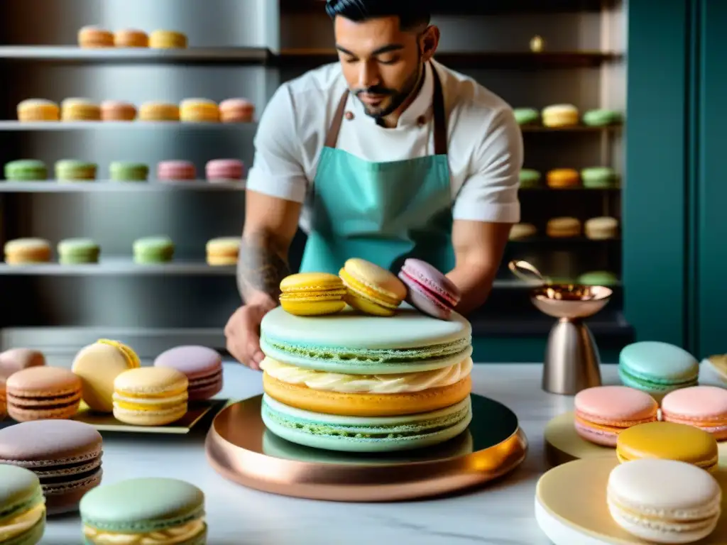 Pastelero experto decorando un elegante pastel de varios pisos, demostrando la precisión y arte en la repostería francesa