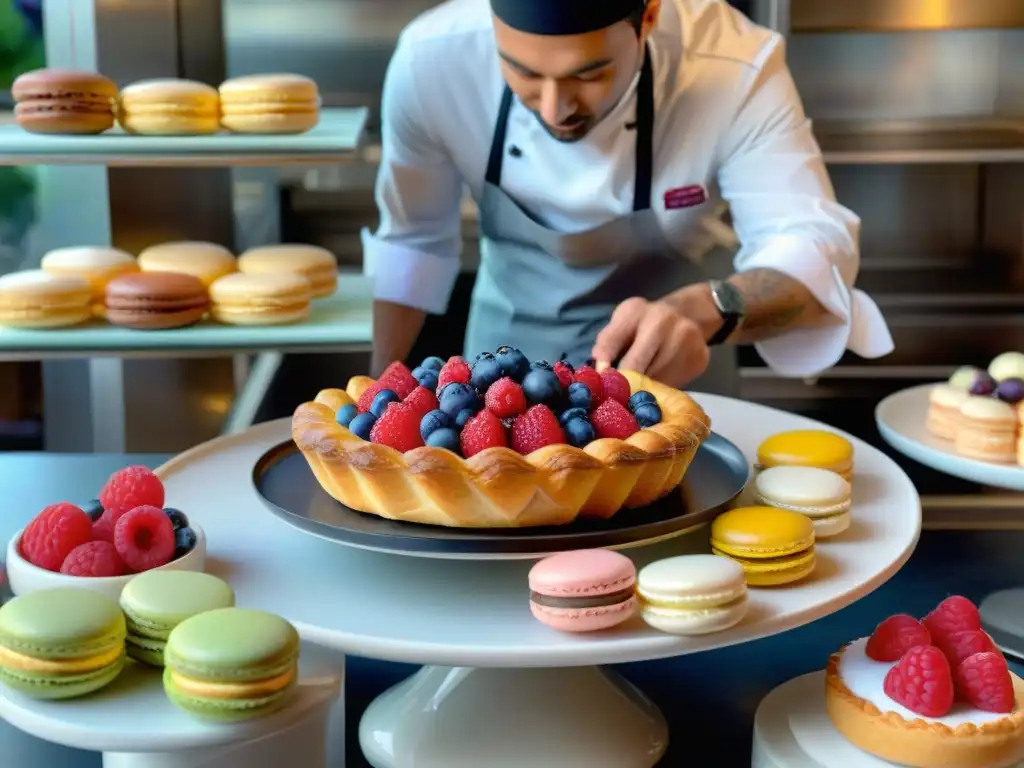 Un pastelero francés experto decora una tarta con frutas y flores comestibles en una pastelería tradicional