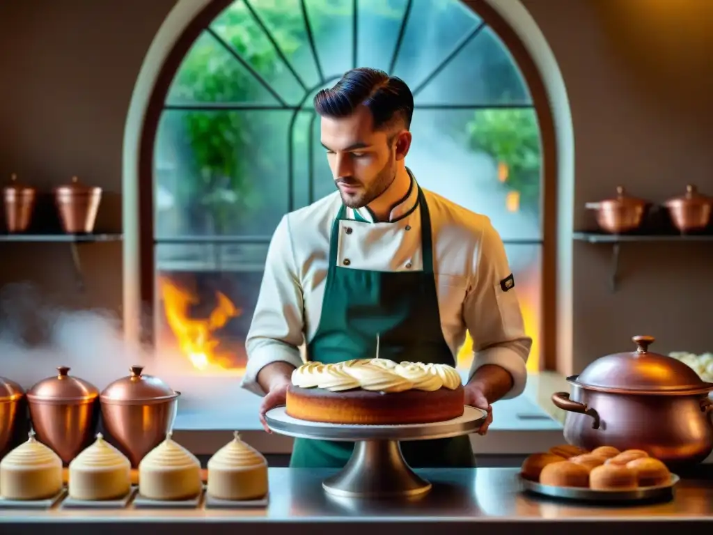 Pastelero francés de la Revolución, decorando con precisión una tarta mientras la luz natural ilumina la panadería