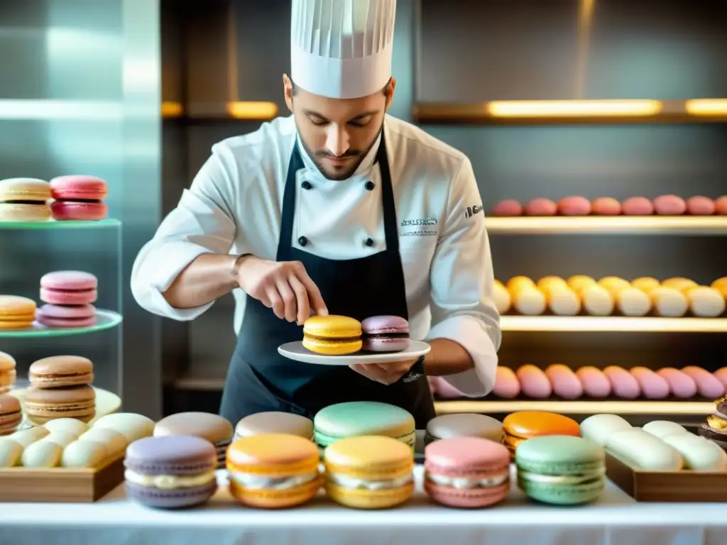 Un pastelero francés crea secretos postres franceses confección en una panadería parisina llena de coloridos dulces