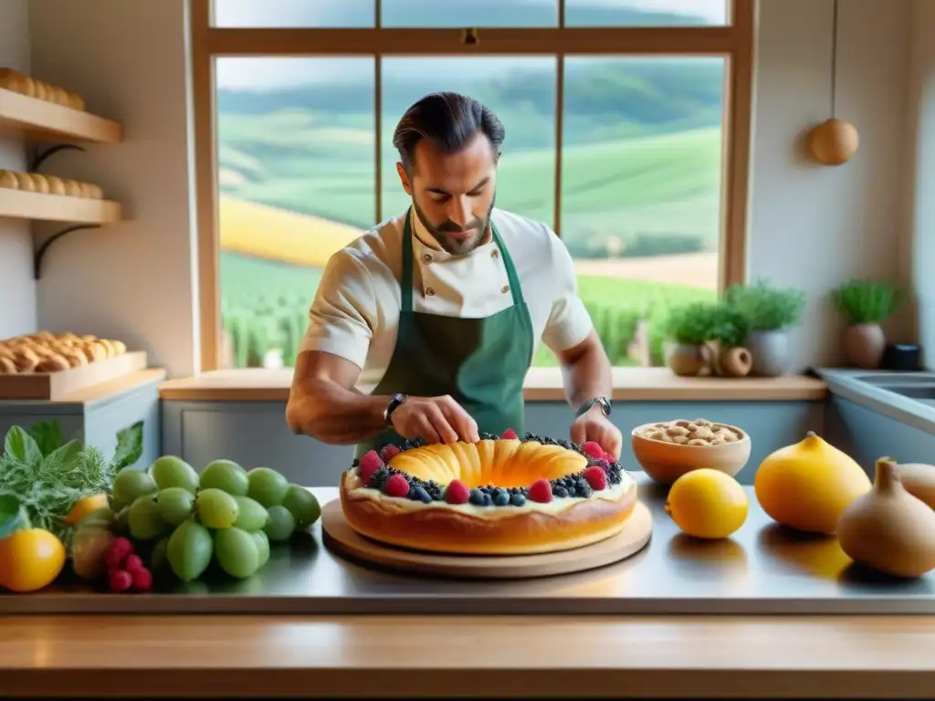 Un pastelero francés crea un postre delicado con ingredientes orgánicos en una panadería campestre