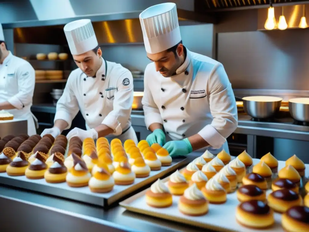 Pastry chefs franceses crean postres icónicos innovadores en una cocina bulliciosa