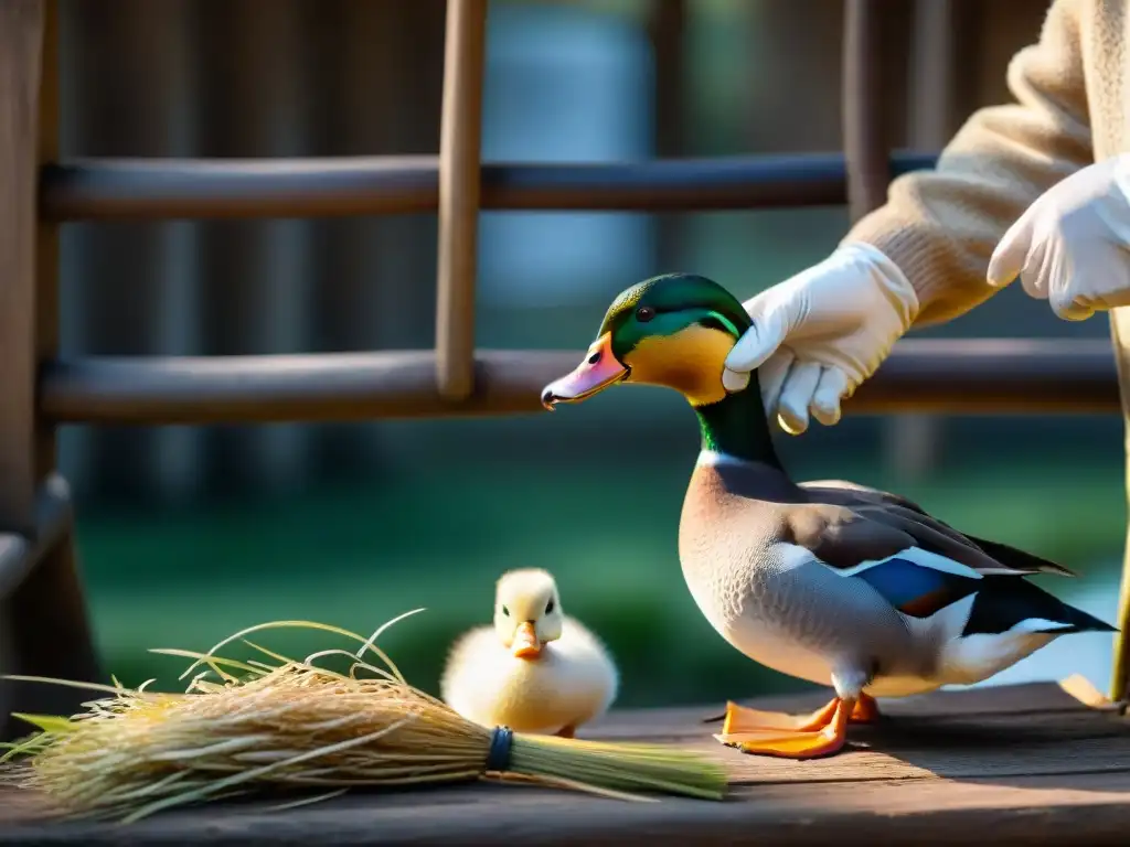 Un pato descansando en una granja tradicional francesa, en el proceso de producción de foie gras