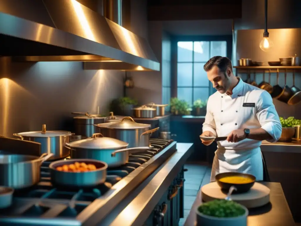 En la penumbra de un bistró secreto de Orleans, un chef prepara con maestría una delicia de la gastronomía francesa