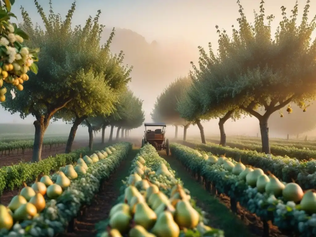 Plantación de peras en Normandía al amanecer, con árboles cargados de fruta madura bajo la luz dorada y la neblina