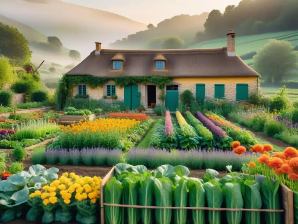 Un jardín de permacultura en Francia con vegetales, hierbas y flores comestibles coloridas, abejas y mariposas