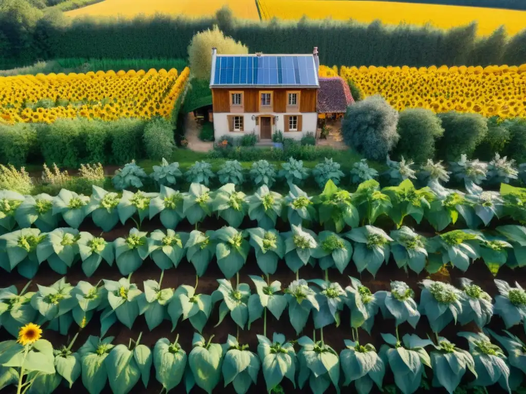 Un jardín de permacultura vibrante en la campiña francesa, con frutas, verduras y hierbas en patrones geométricos