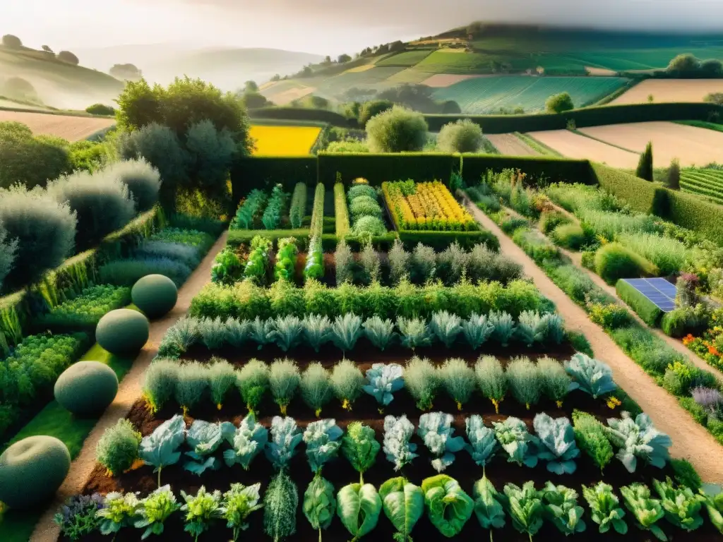 Un jardín de permacultura vibrante en la campiña francesa destacando innovaciones culinarias en gastronomía francesa