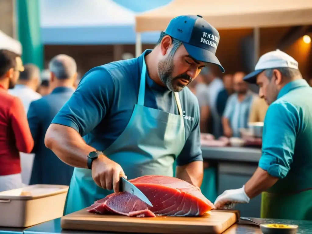 Un pescadero hábil filetea un atún en la Feria del Pescado de Marsella, mostrando la experiencia del evento