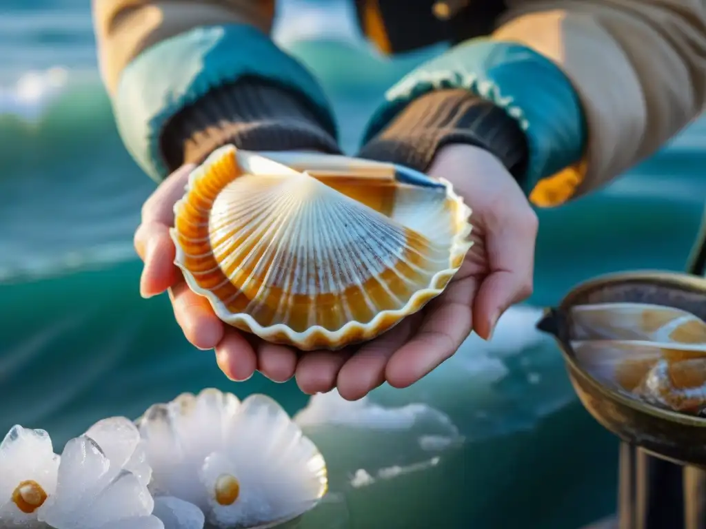 Un pescador experimentado coloca delicadamente una Coquille Saint Jacques fresca sobre hielo en la costa de Normandía