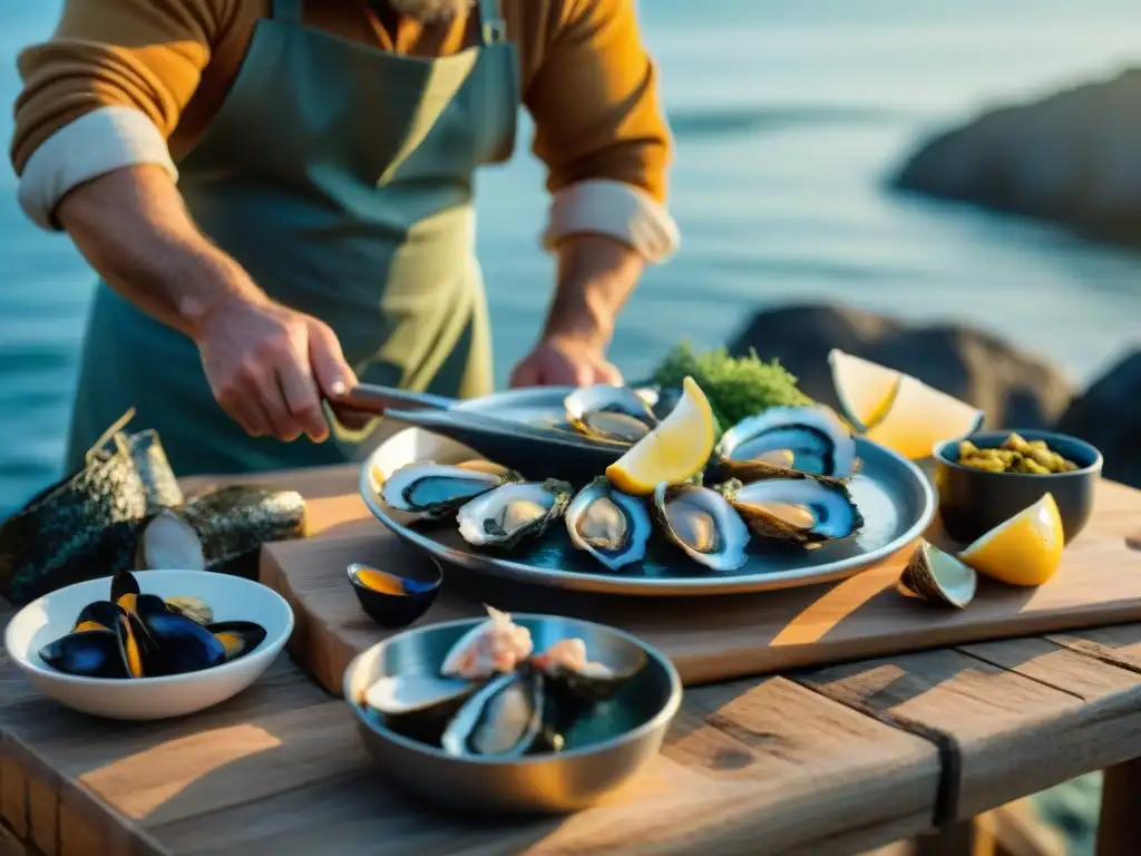 Un pescador breton prepara un exquisito plato de mariscos en la costa de Bretaña al atardecer