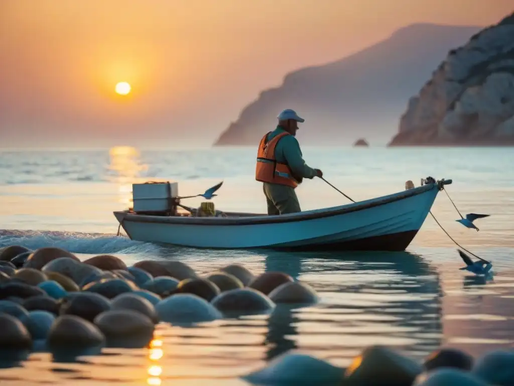 Pescador francés maniobrando su barco entre ingredientes frescos de la gastronomía francesa en el Mediterráneo al atardecer