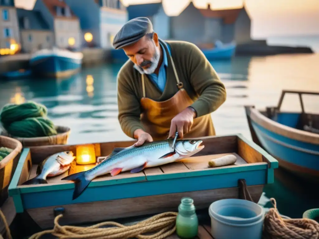 Un pescador francés experto fileteando pescado al amanecer en un bote de pesca rústico