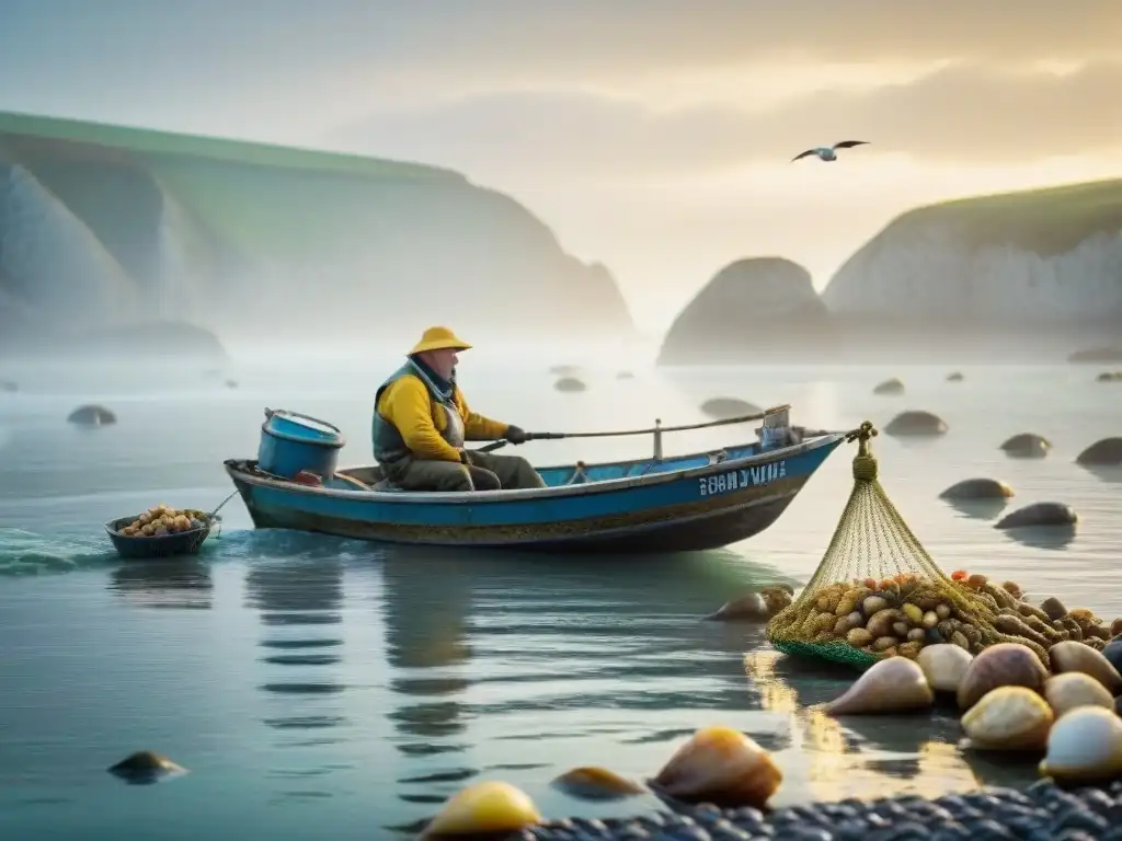 Un pescador de Normandía navegando hábilmente su barca, recolectando mariscos al amanecer