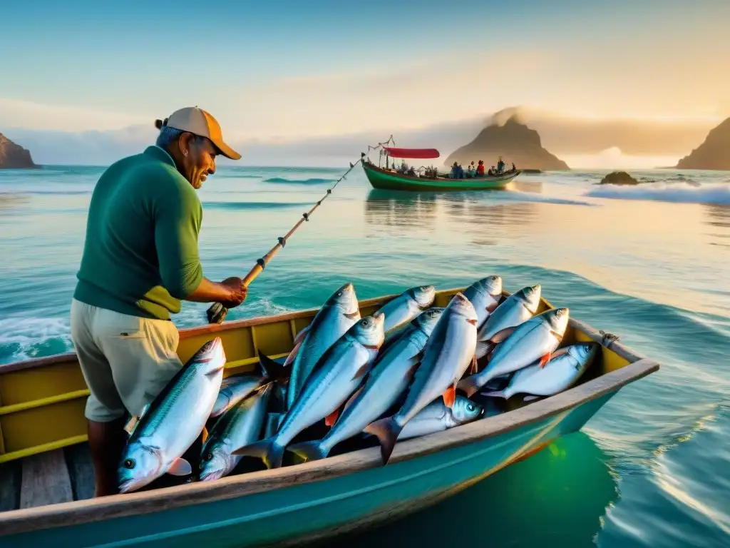 Pescador de Guadalupe preparando pescados frescos al amanecer en barco de madera, reflejando la tradición y frescura del mar