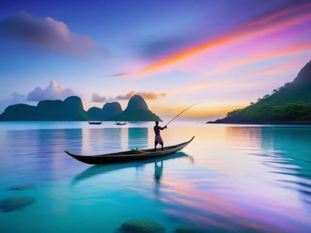 Un pescador de Mayotte lanza su red al amanecer en aguas turquesas mientras las canoas tradicionales y el cielo pintado de colores viven en armonía